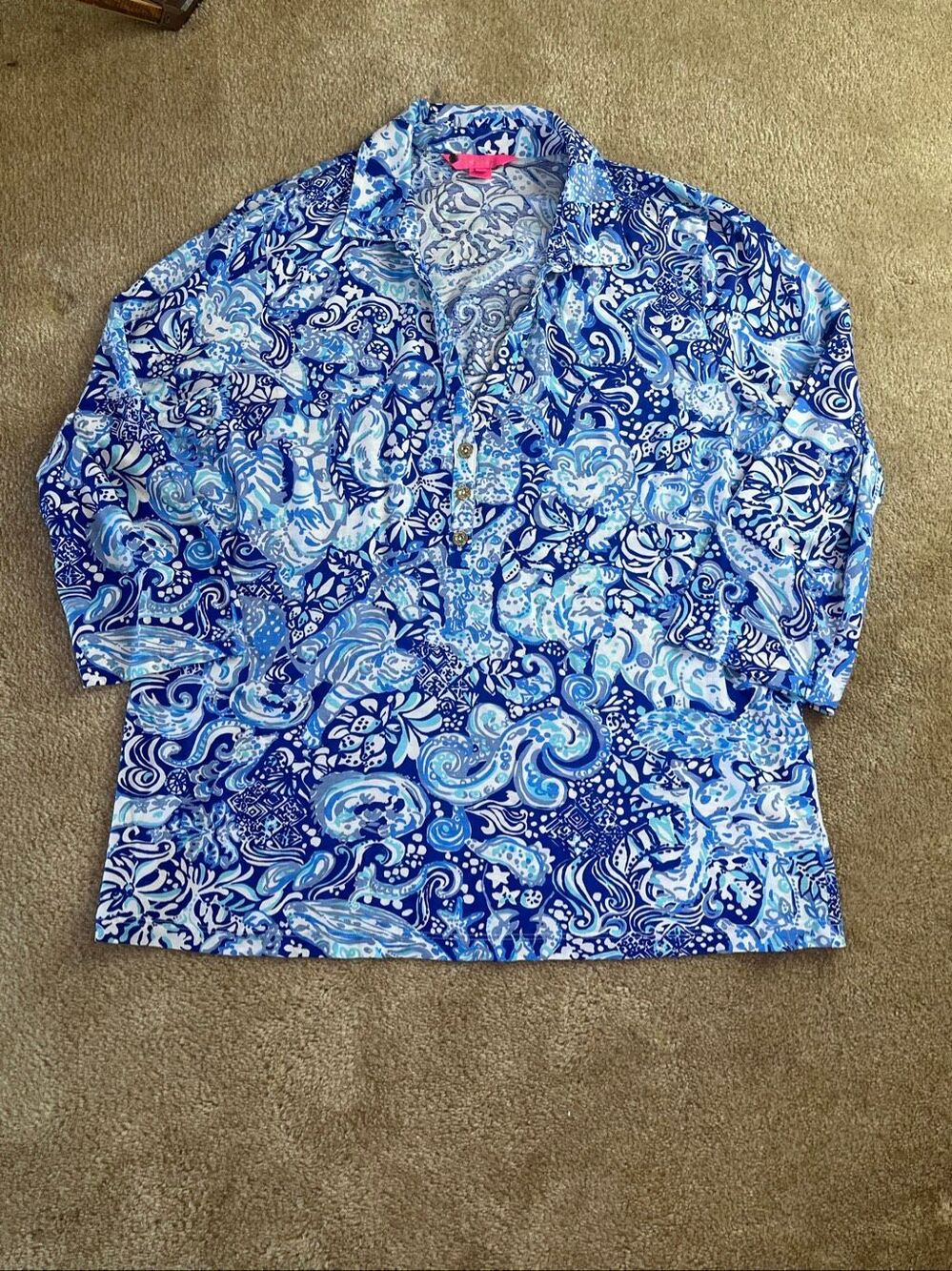 Lilly Pulitzer Women’s XL Etta Top Blue Ocean Animal Floral Print Pima Cotton